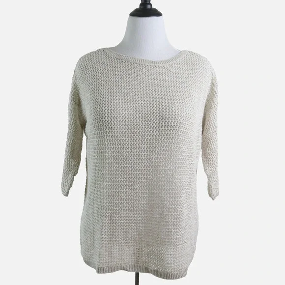 J Jill Size L Linen Blend Open Knit Sweater 3/4 Sleeve Pullover Cream - Picture 2 of 9